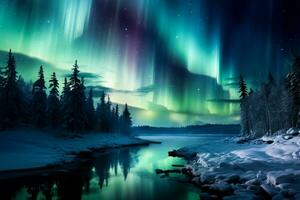 uma hipnotizante exibição do dançando luzes dentro a etéreo nórdico céu pintura uma tirar o fôlego tela de pintura do aurora boreal foto