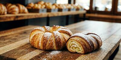 ai generativo. elegante francês croissants em repouso em uma de madeira mesa, infundido com cozinha conforto foto