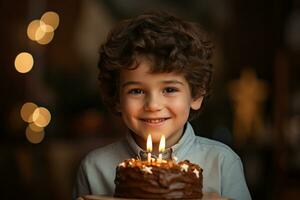 uma Garoto segurando uma aniversário bolo com de várias velas em bokeh estilo fundo foto