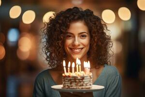 uma mulher segurando uma aniversário bolo com de várias velas em bokeh estilo fundo foto