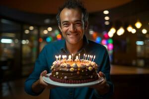 uma homem segurando uma aniversário bolo com de várias velas em bokeh estilo fundo foto