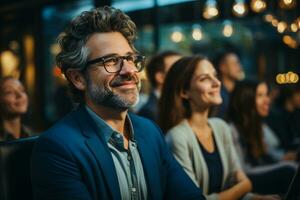 ai generativo grupo do feliz o negócio homem e o negócio mulheres, vestido dentro ternos estão sorridente, dentro a escritório foto