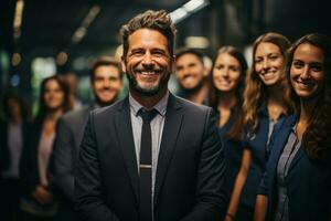 ai generativo grupo do feliz o negócio homem e o negócio mulheres, vestido dentro ternos estão sorridente, dentro a escritório foto