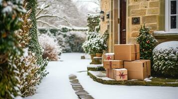 Natal presentes entrega, postal serviço e feriado apresenta conectados compras, embrulhado parcela caixas em uma país casa porta dentro uma nevando inverno, generativo ai foto