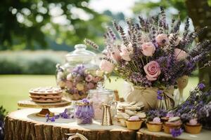 sobremesa bufê mesa, Comida refeições para casamento, festa feriado celebração, lavanda decoração, bolos e sobremesas dentro uma país jardim, generativo ai foto