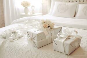 Casamento presentes e flores dentro a elegante branco quarto, generativo ai foto