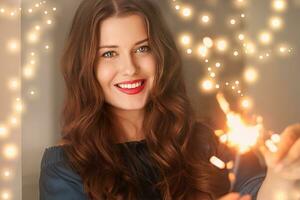 feriado Magia, Natal e Novo ano celebração, feliz mulher com estrelinhas foto