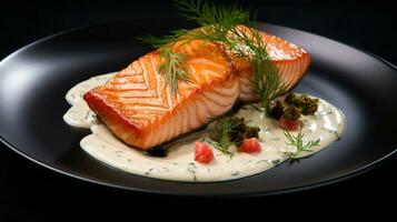 foto do salmão com aneto molho Como uma prato dentro uma sofisticado restaurante. generativo ai
