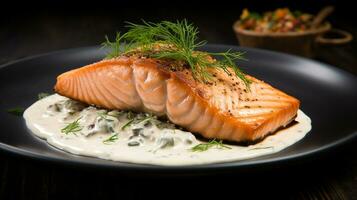 foto do salmão com aneto molho Como uma prato dentro uma sofisticado restaurante. generativo ai