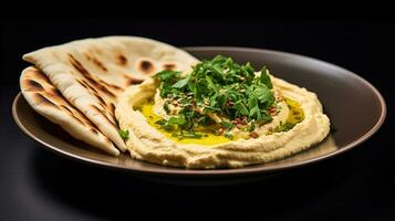 foto do Pão Pita e Húmus Como uma prato dentro uma sofisticado restaurante. generativo ai