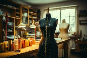 uma alfaiates manequim adornado com medindo fitas dentro uma movimentado moda estúdio ai gerado foto