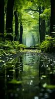 exuberante verde floresta prospera debaixo uma refrescante verão chuva. vertical Móvel papel de parede ai gerado foto