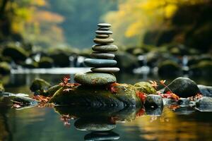 harmonioso zen santuário, equilibrado pedras, calmante natureza pano de fundo, espiritual meditação espaço ai gerado foto