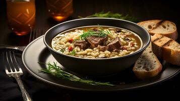 foto do carne e cevada sopa Como uma prato dentro uma sofisticado restaurante. generativo ai