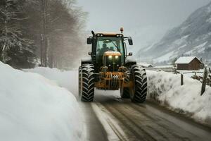 depois de a tempestade de neve, uma trator diligentemente limpa a estrada, criando uma passagem. ai gerado foto