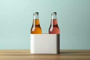 dois diverso não alcoólico beber garrafas com uma branco papel caixa em uma toscha fundo ai gerado foto