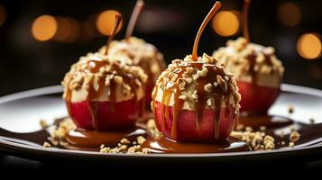foto do caramelo maçãs Como uma prato dentro uma sofisticado restaurante. generativo ai