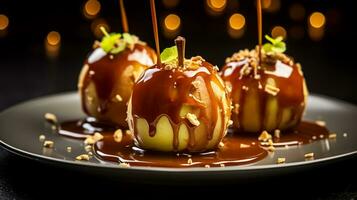 foto do caramelo maçãs Como uma prato dentro uma sofisticado restaurante. generativo ai