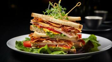 foto do clube sanduíche Como uma prato dentro uma sofisticado restaurante. generativo ai