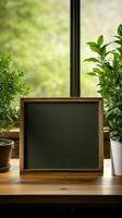 verde planta de casa complementa em branco madeira placa em rústico mesa, branco pano de fundo vertical Móvel papel de parede ai gerado foto