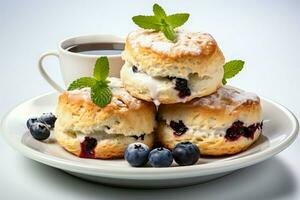 recentemente cozido mirtilo scones em repouso elegantemente em uma impecável branco fundo ai gerado foto