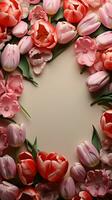 uma delicioso quadro, Armação do tulipas e rosa, oferta quarto para texto vertical Móvel papel de parede ai gerado foto