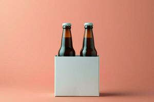 dois distinto não alcoólico bebida garrafas acompanhado de uma branco papel caixa, isolado em uma toscha fundo ai gerado foto