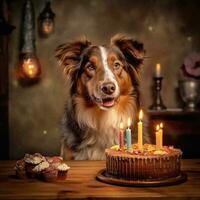 cachorro a comemorar aniversário com bolo e velas, criada com generativo ai foto