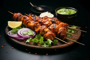 tandoori perfeição marinado frango tikka kebabs, assado, servido com molho picante e cebolas ai gerado foto