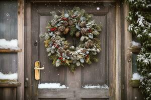 Natal feriado, país chalé e nevando inverno, guirlanda decoração em uma porta, alegre Natal e feliz feriados desejos, generativo ai foto