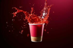 vermelho beber entra em erupção alegremente a partir de uma vibrante papel xícara, criando brincalhão salpicos ai gerado foto