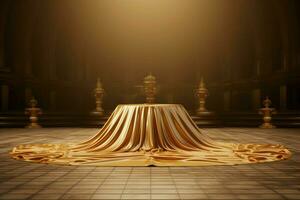 opulento configuração 3d cena apresentando a esvaziar pódio com dourado tecido, exalando elegância. ai gerado foto