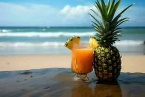 tropical deleite refrescante abacaxi beber curtiu contra uma deslumbrante de praia pano de fundo ai gerado foto