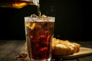 derramando Cola para dentro uma vidro em uma de madeira mesa com fritas atrás ai gerado foto