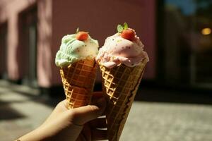 ensolarado guloseimas mão detém gelo creme cones ao ar livre, uma cena do doce satisfação ai gerado foto