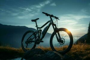 relaxante bicicleta passeio abaixo a Sombrio noite céu, uma pacífico tarde ai gerado foto