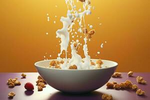 tigela captura vitalidade granola, leite interagir dentro no ar, formando saudável manhã sustento ai gerado foto