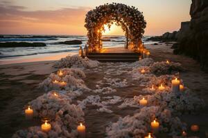 destino Casamento configuração em uma de praia às pôr do sol, simbolizando amor e união ai gerado foto