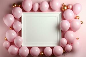 Careca Visão pastel Rosa mesa, balãoemoldurado quadro, confete perfeito aniversário plano deitar ai gerado foto