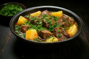 delicioso exibição frente Visão do salgado carne sopa com batatas, verduras em Sombrio superfície ai gerado foto