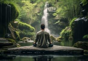 ai generativo foto do uma homem praticando atenção e meditação dentro uma pacífico natural meio Ambiente sony a7s realista imagem, ultra hd, Alto Projeto muito detalhado