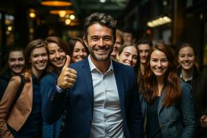 ai generativo grupo do feliz o negócio homem e o negócio mulheres, vestido dentro ternos estão sorridente, dentro a escritório foto