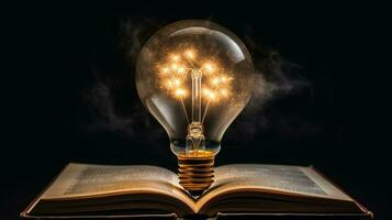 livro dá Ideias. luz lâmpada em a aberto livro simboliza inspiração. ideal para criativo conceitos foto