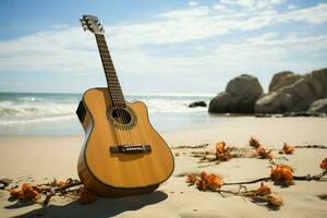 castelos de areia companheiro a acústico guitarra carrinhos em a praia, pronto para cantar. ai gerado foto