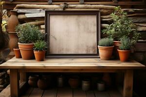 rústico mesa com em branco madeira placa e em vaso plantar casa de fazenda charme ai gerado foto