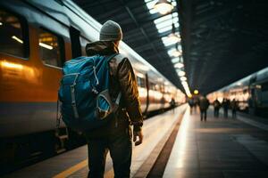 uma solitário viajante, carregado com uma mochila, passos largos com confiança dentro a trem estação ai gerado foto