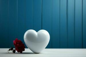 esvaziar branco mesa contra azul coração parede borrão encantador e cativante contraste ai gerado foto