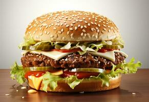 ai generativo Duplo Hamburger isolado em branco fundo fresco hamburguer velozes Comida com carne e creme queijo realista imagem, ultra hd, Alto Projeto muito detalhado foto