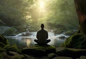 ai generativo foto do uma homem praticando atenção e meditação dentro uma pacífico natural meio Ambiente sony a7s realista imagem, ultra hd, Alto Projeto muito detalhado