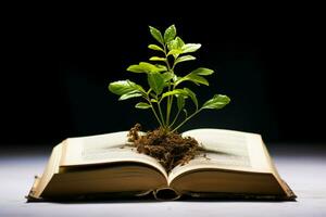 simbólico crescimento uma verde plantar prospera no meio a Páginas do uma livro ai gerado foto